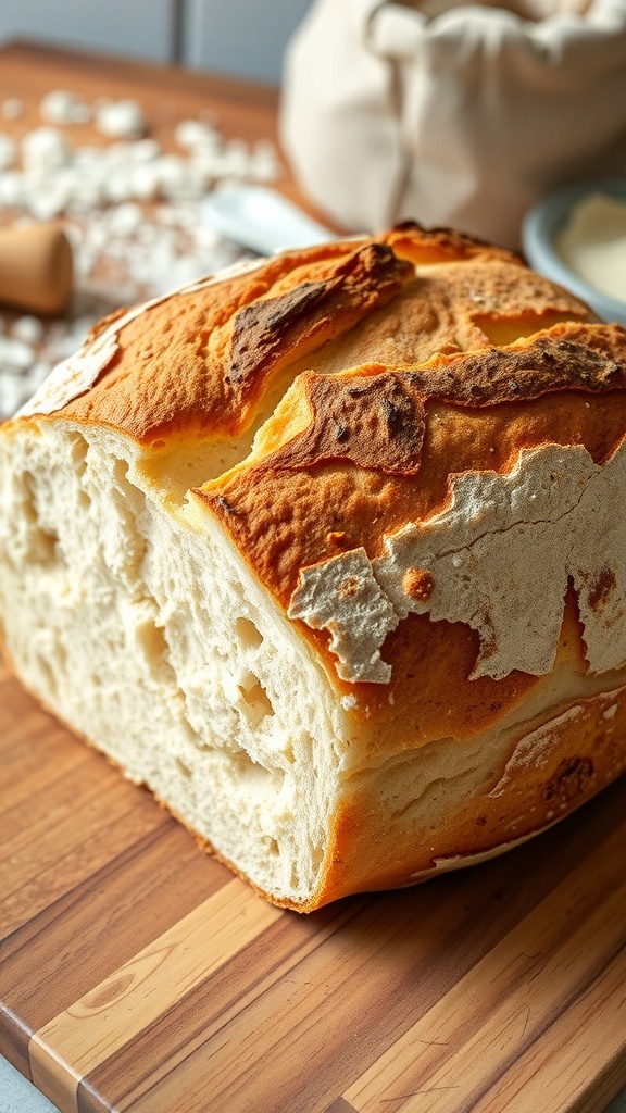 Classic Sourdough Bread Recipe with 1000g Flour A golden crusted sourdough bread loaf on a wooden board with slices showing the airy crumb.